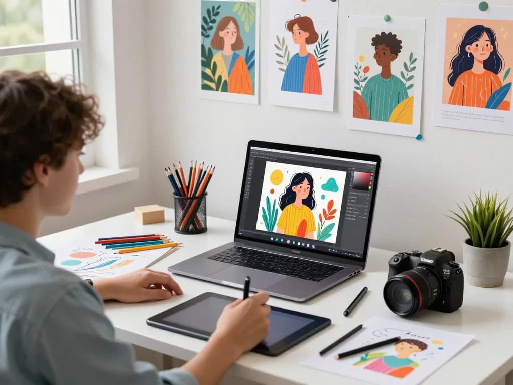 Illustrator using nano banana 2 AI image editor in a colorful digital art studio.