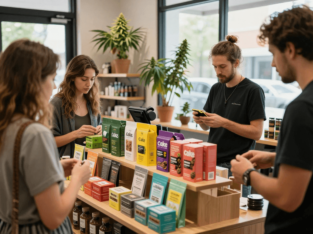 Exciting display of Cake carts in a cannabis dispensary, showcasing vibrant flavors and customer interaction.