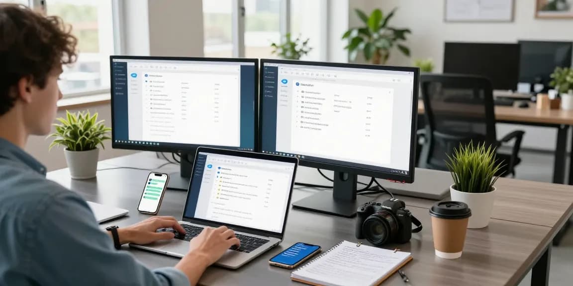 Engaging tech workspace displaying a laptop showing telegram中文 features with vibrant office decor.
