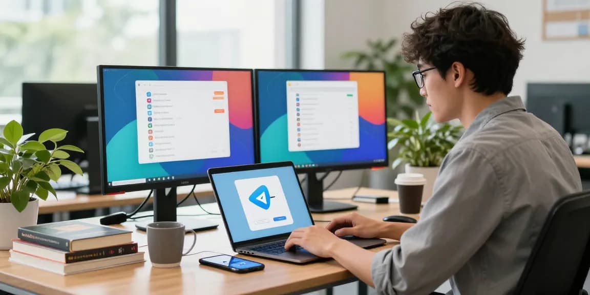 Professional using telegram中文 on a laptop in a modern workspace, with dual monitors and fresh greenery around.