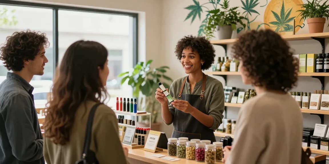 Hash Sieb Demonstration in einem Cannabis Shop mit freundlichen Beratern und interessierten Kunden.