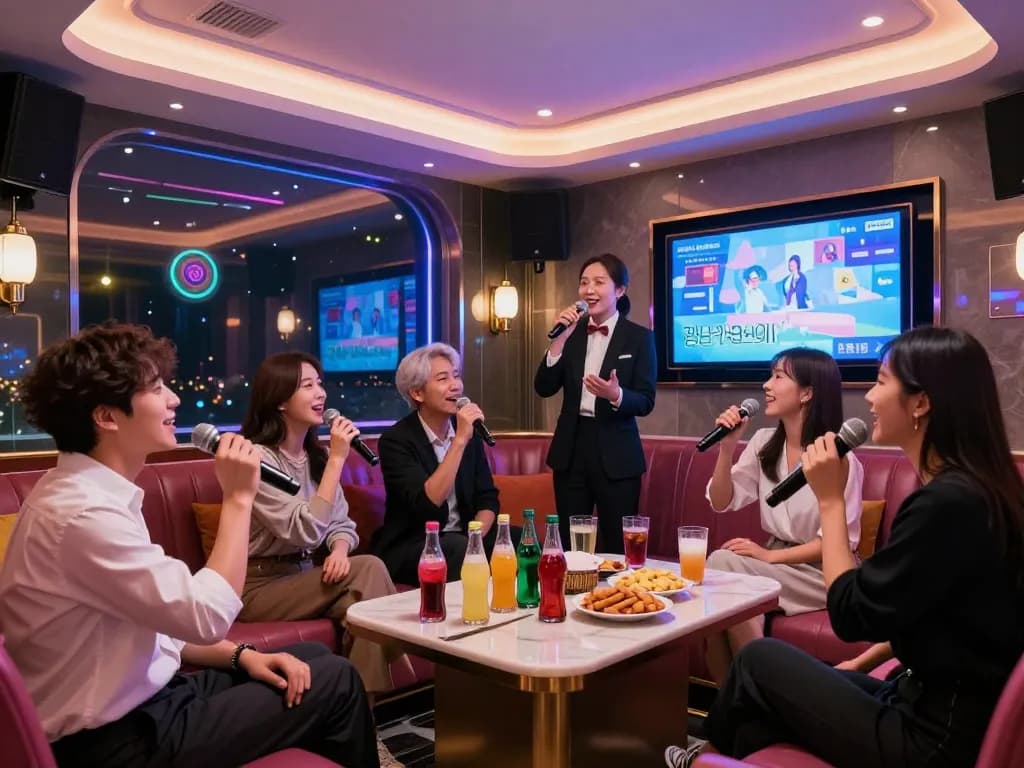 Guests enjoying a lively night at 강남가라오케 with colorful lights and premium drinks.