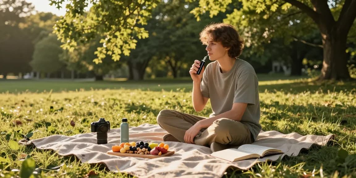 Vape weed experience: Using a disposable vape in a serene outdoor setting, highlighting natural wellness with quality CBD.