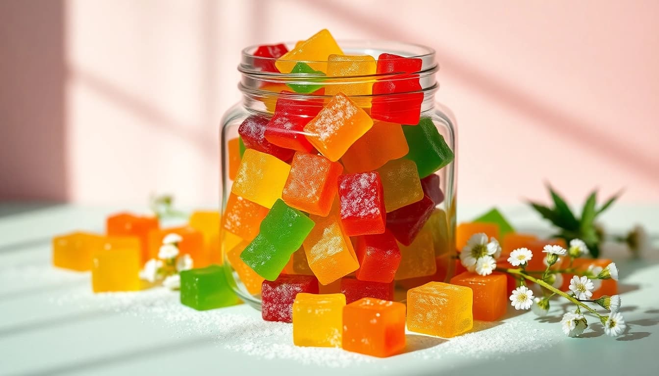 Indulge in colorful Weed Gummies displayed in a glass jar with vibrant detail and appealing texture.