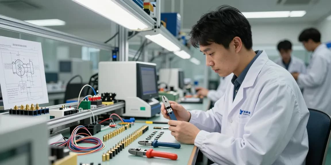 Engineer examining crimp connectors in a bright electronics manufacturing workspace, ensuring reliability and quality.
