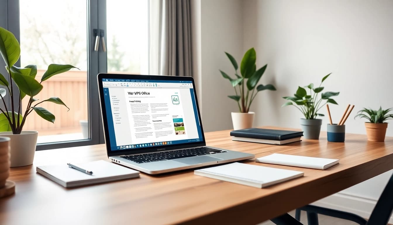 在现代工作区的笔记本电脑上显示 WPS Office，周围有植物和文具。