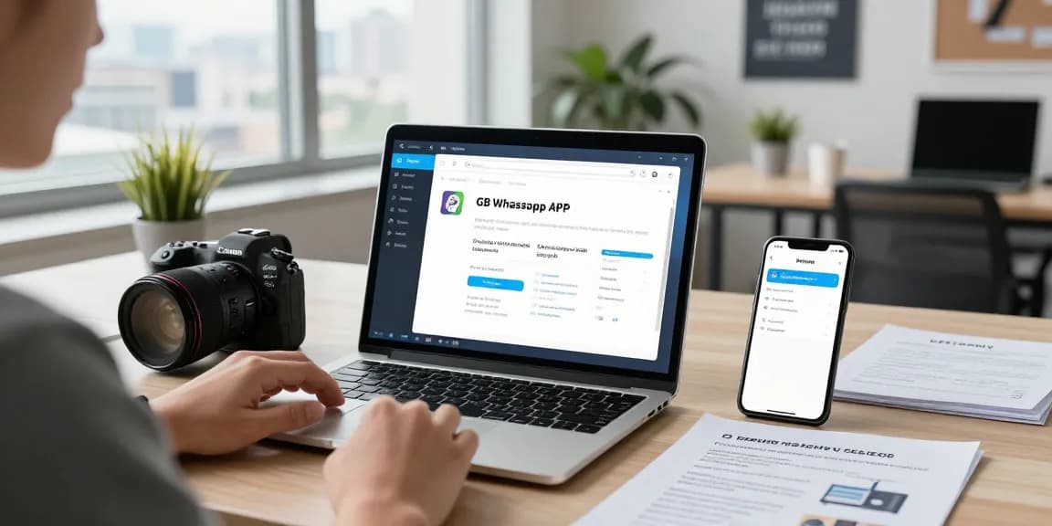 Exploring the latest GB WhatsApp APK features on a laptop in a vibrant tech workspace.