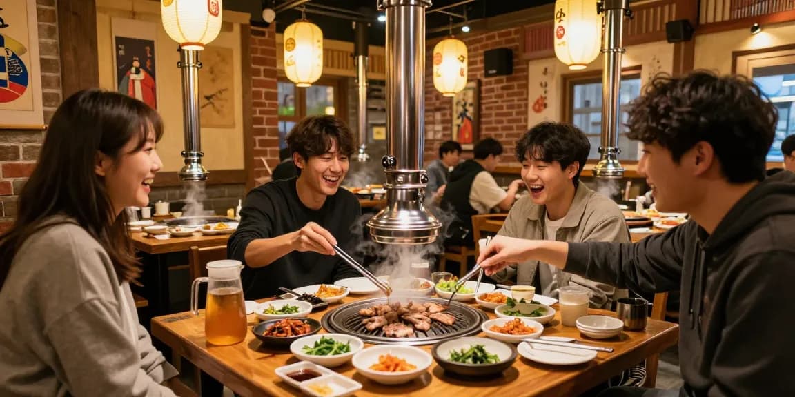 Engaging dining experience at 상봉동 한국관 featuring friends enjoying traditional Korean barbecue.