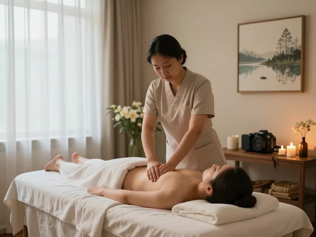 Massage session in a tranquil spa environment featuring a Swedish massage with calming decor and ambient lighting.