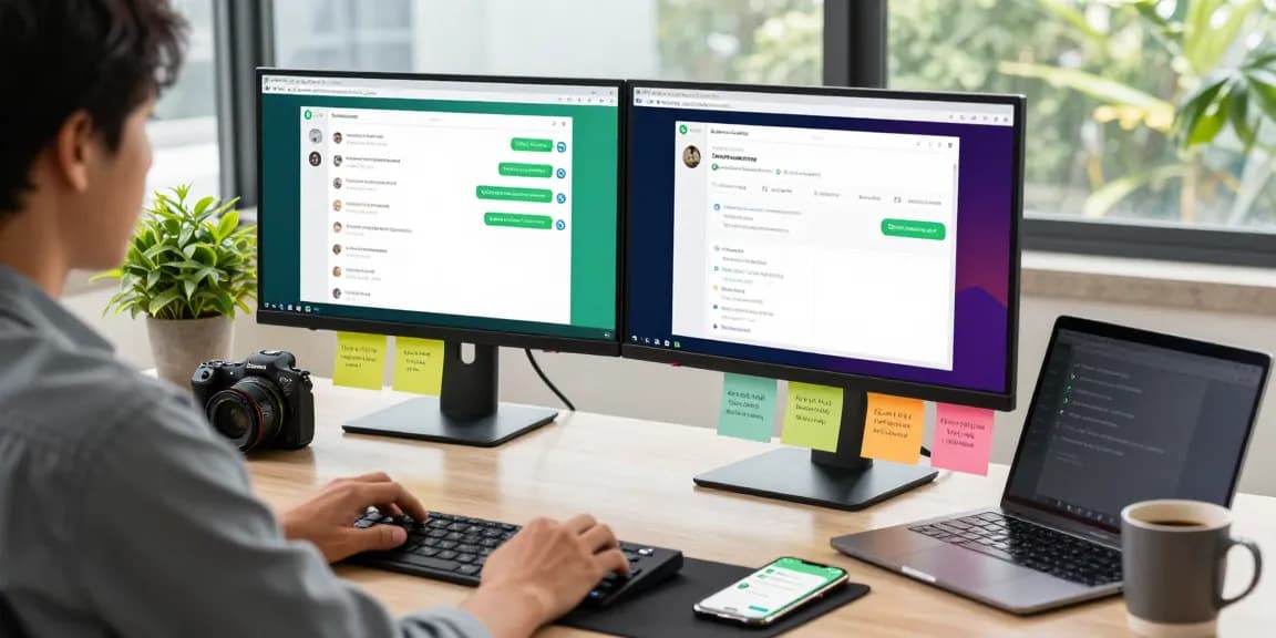 Individual using WhatsApp電腦版 on desktop in a modern workspace with vibrant chat windows.