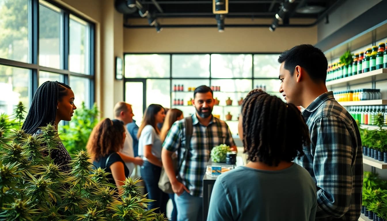 Discover where can you buy weed legally with vibrant market scene showcasing diverse clientele and products.