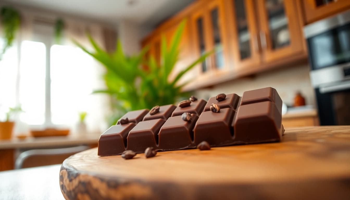 Indulge in chocolate edibles 1000mg showcased on a wooden platter with cacao nibs.