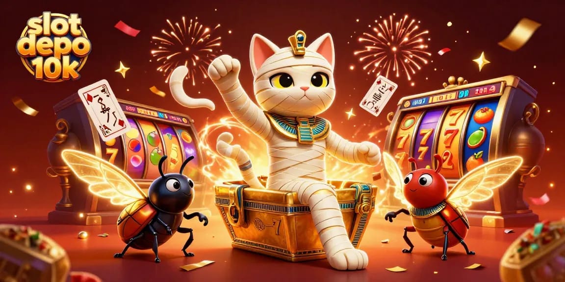 Slot depo 10k menampilkan karakter unik dalam momen menang judi yang spektakuler dengan suasana kasino berwarna-warni.