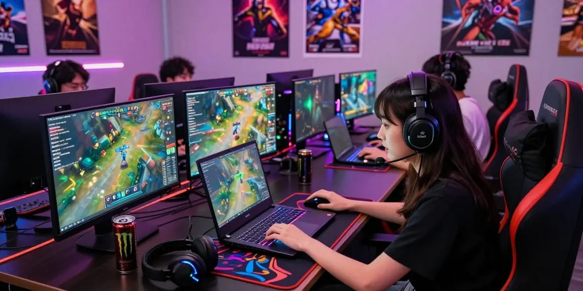 Competitive gaming scene with players enjoying diverse games on Garuda303, showcasing vibrant setups and engaging atmosphere.