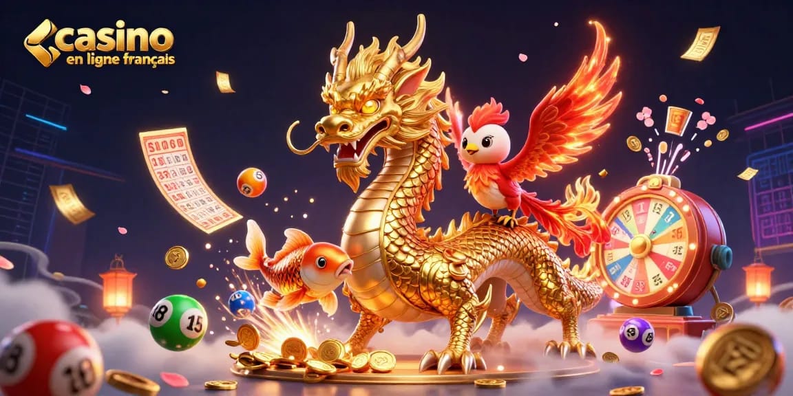 Plongez dans l'univers des jeux de casino en ligne français avec un dragon auréole, un phoenix flamboyant et un poisson koi, entourés d'éléments de loterie.
