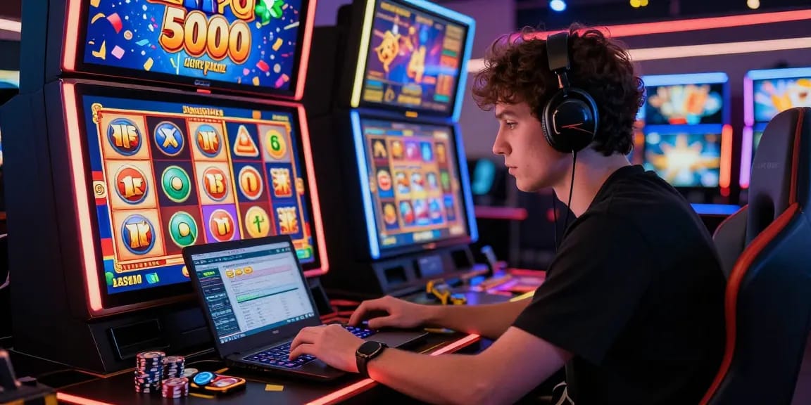 Engaged player experiencing the excitement of slot depo 5000 during online gaming session with colorful virtual graphics.