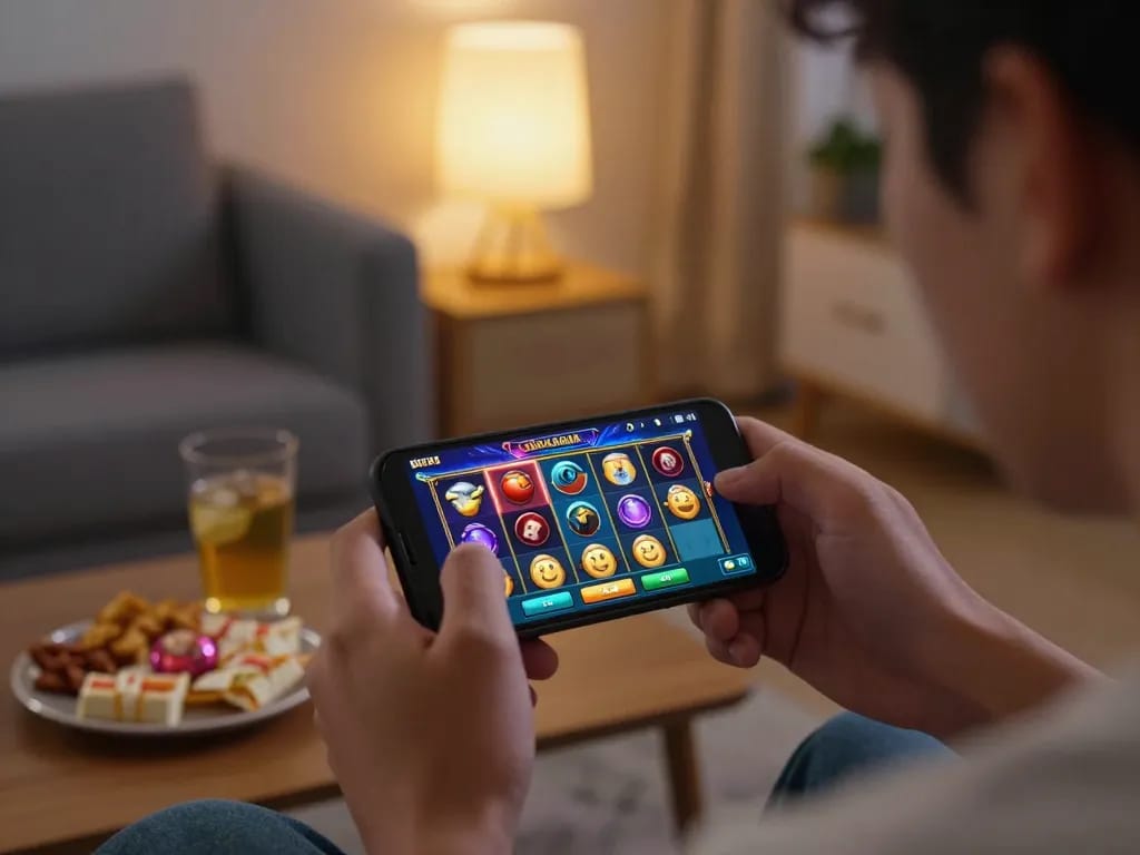 Engaging player spinning the reels on the Spaceman slot during a cozy mobile gaming session at home.