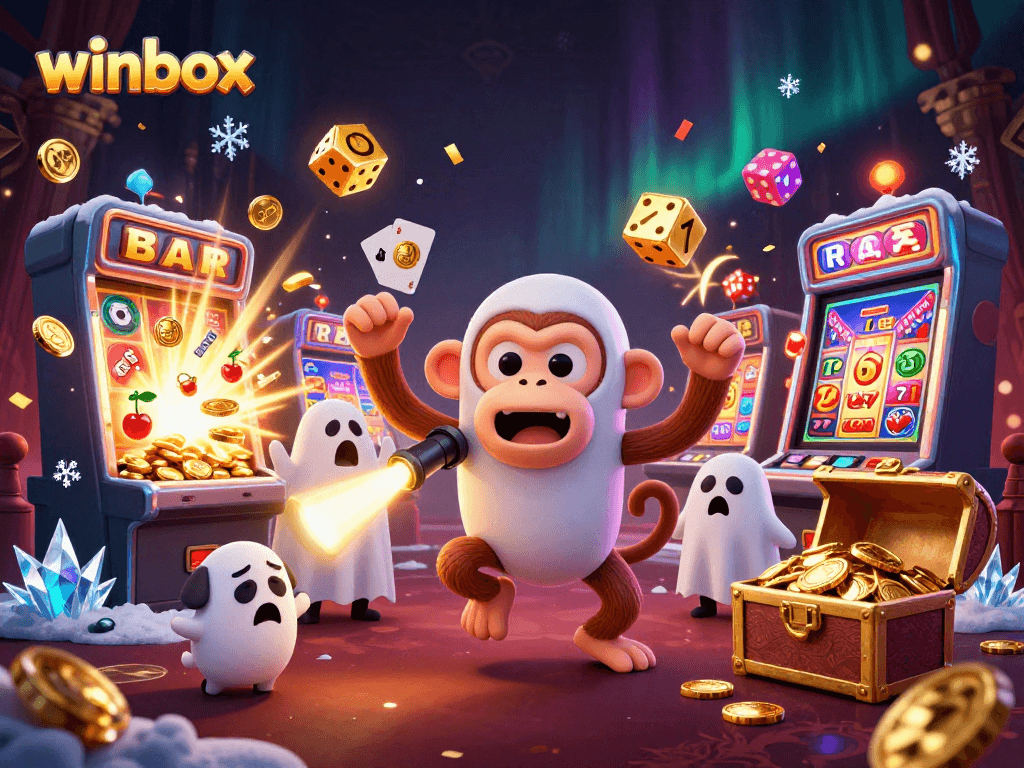Experience the thrill of winbox gaming with a magical 3D casino illustration featuring a mischievous monkey and a curious puppy.