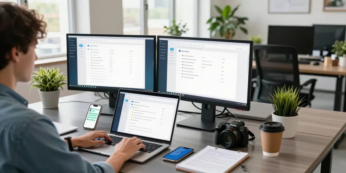 Engaging tech workspace displaying a laptop showing telegram中文 features with vibrant office decor.