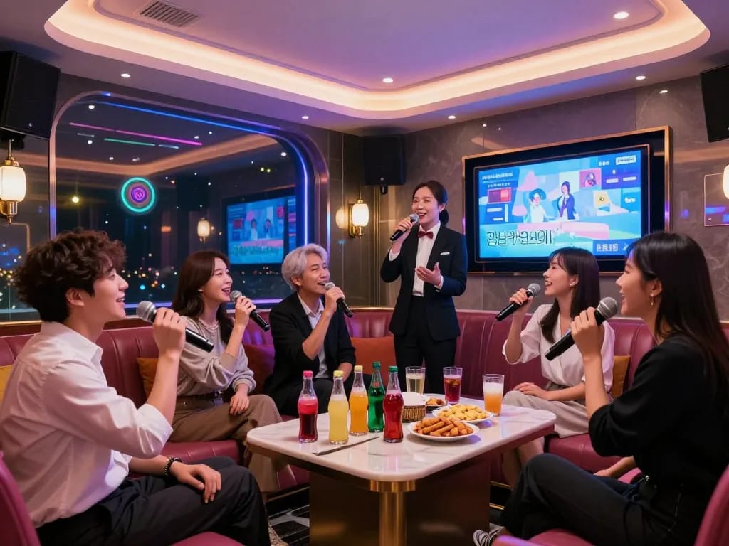 Guests enjoying a lively night at 강남가라오케 with colorful lights and premium drinks.