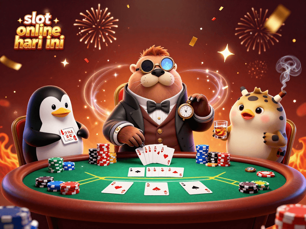 Mainkan slot online hari ini dengan gambar ilustrasi kasino bawah laut yang menampilkan walrus, dealer penguin, dan ikan puffer bluffing.