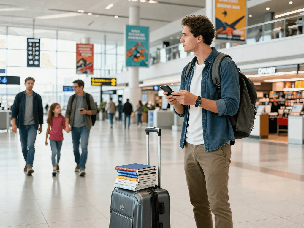 Dynamic scene at chesterairport.co.uk with a traveler preparing for an adventure amidst bustling airport atmosphere.