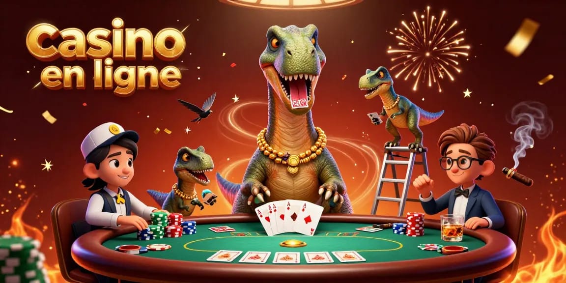 Illustration 3D colorée montrant un brontosaure dans un casino en ligne, partageant des cartes à une table de poker.
