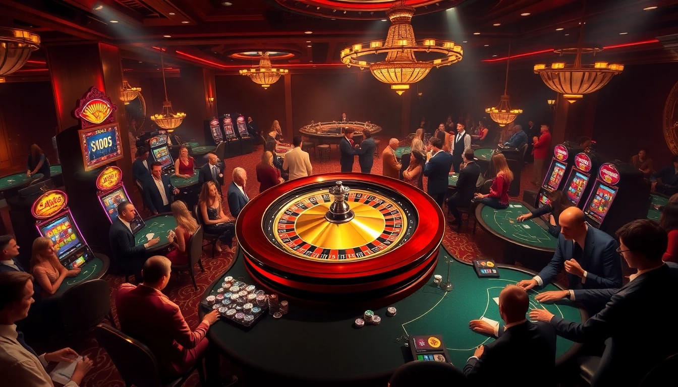 Exciting gambling scene showcasing AF88 COM, featuring luxurious roulette wheel and poker tables.