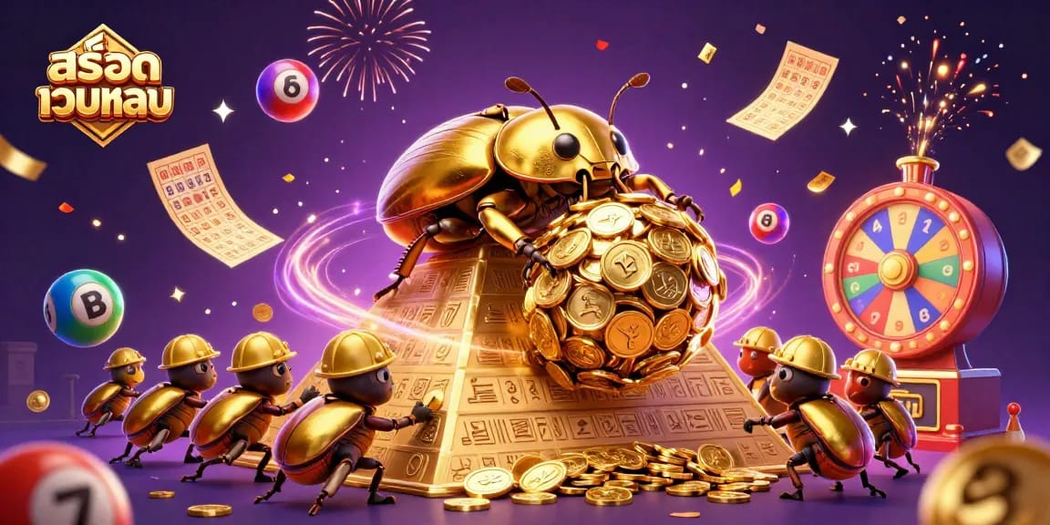 Experience thrilling สล็อตเว็บตรง action with golden beetles rolling coins, vibrant lottery elements, and dynamic casino atmosphere.