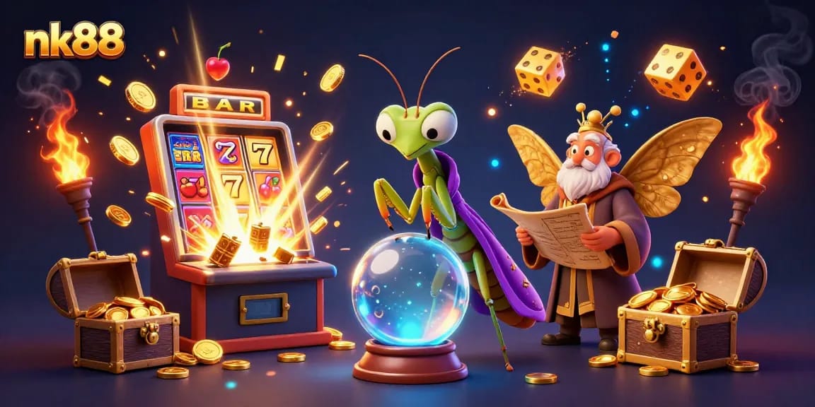 Engage with nk88 casino excitement through a 3D illustration of fortune tellers and jackpot chaos.