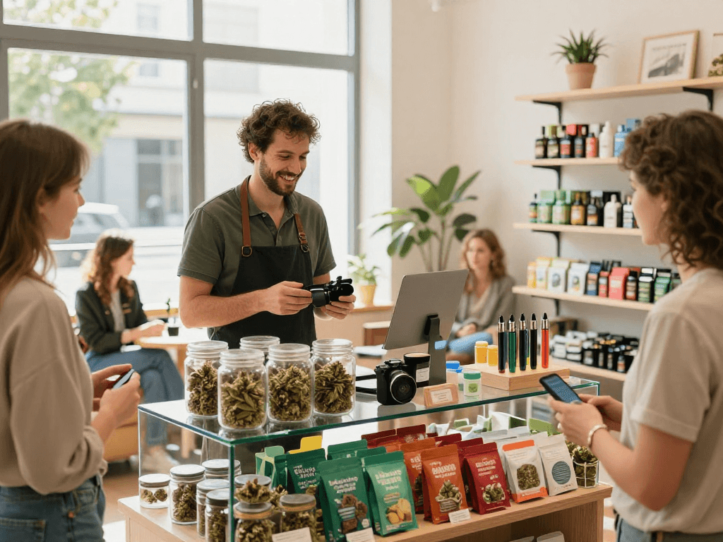 Order Weed Strains Online Europe in a modern cannabis shop with friendly staff and vibrant product displays.