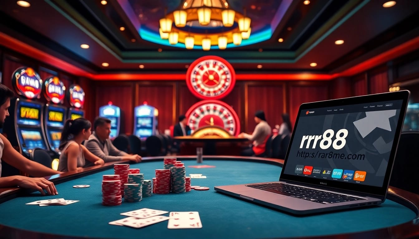 Engaged players at a poker table with https://rr88me.com/ visible on an online gaming interface, reflecting casino excitement.