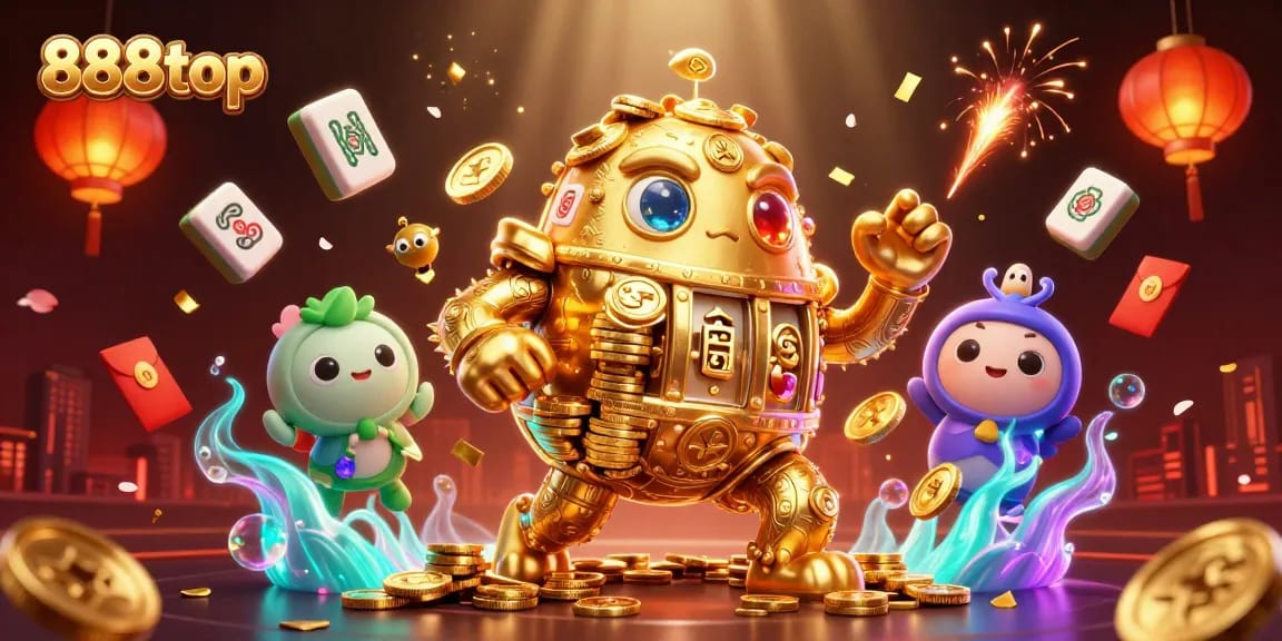 Experience thrilling 888top gaming with vibrant graphics, golden golem, and dynamic casino elements.