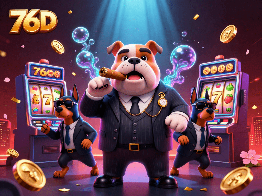 76D apresenta uma cena de cassino vibrante com um bulldog mafioso e seus guarda-costas em meio a máquinas caça-níqueis.