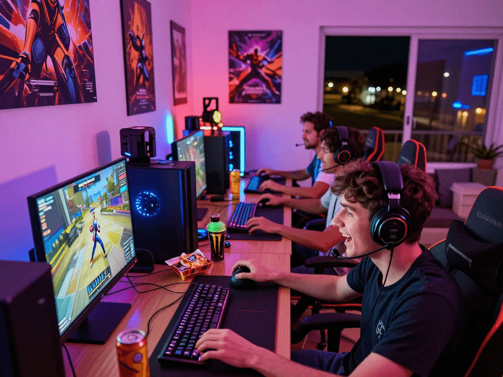Engaging gaming scene showcasing gamers enjoying situs raja328 multiplayer action in a vibrant home environment.