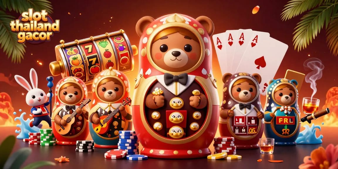 Experience slot thailand gacor in a vibrant 3D illustration featuring bears and casino elements.