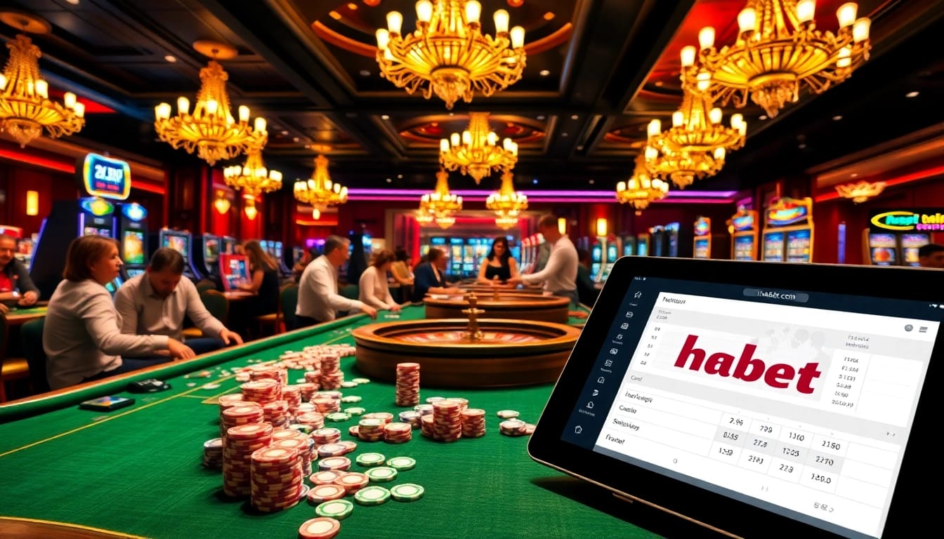 Players enjoying thrilling casino games at thabet com with vibrant slot machines and roulette tables.