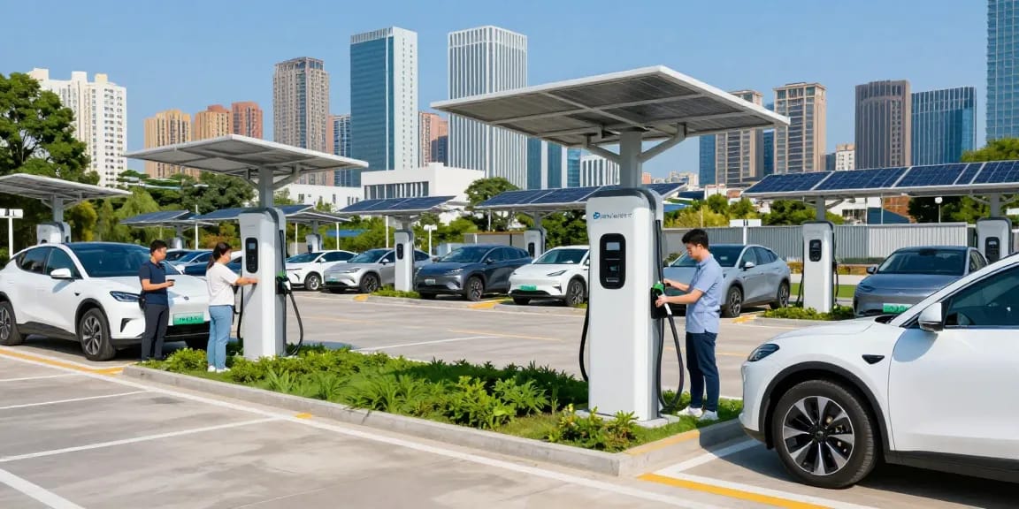 EV charger manufacturer showcasing modern charging solutions with electric vehicles in an urban setting