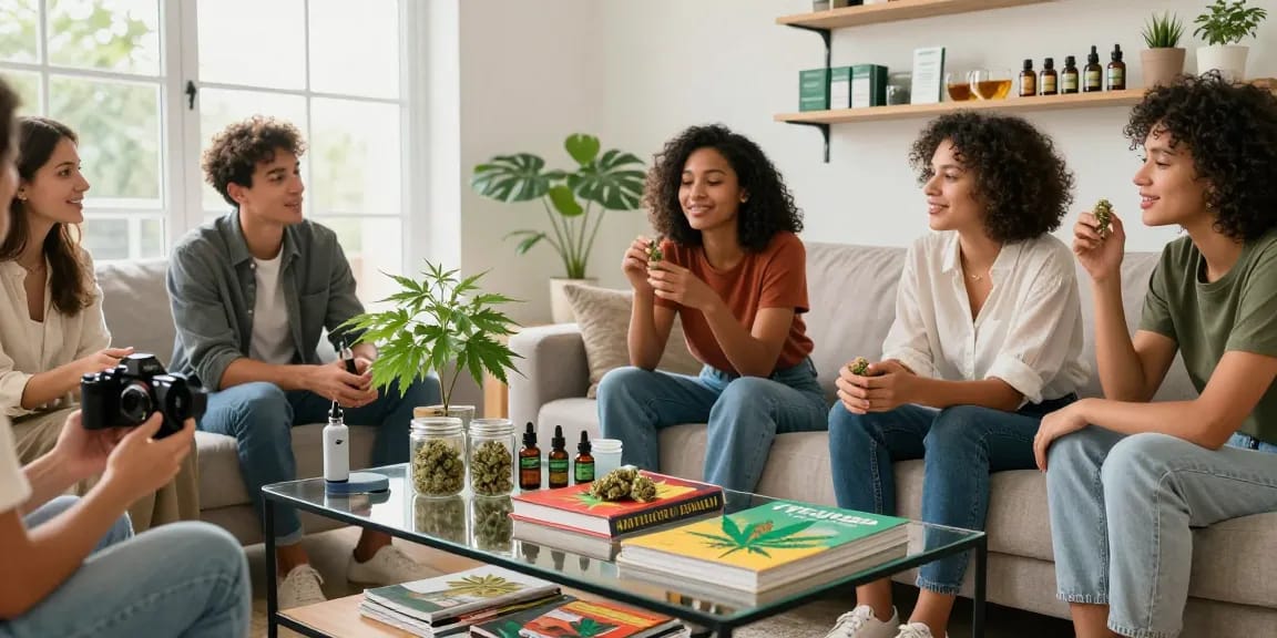THC flower shop scene with friends sharing experiences, quality cannabis products, and natural wellness ambiance.