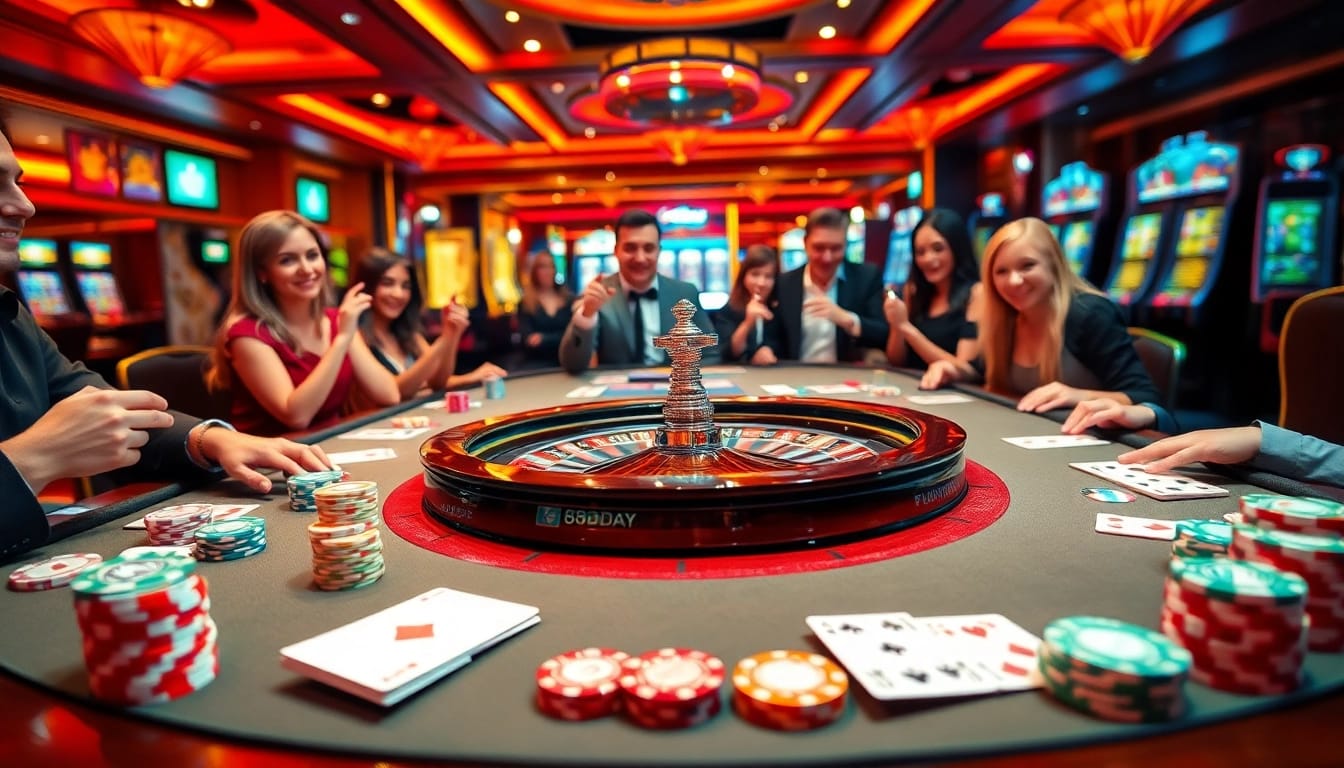 Exciting casino scene representing 8day with poker chips at a roulette table.