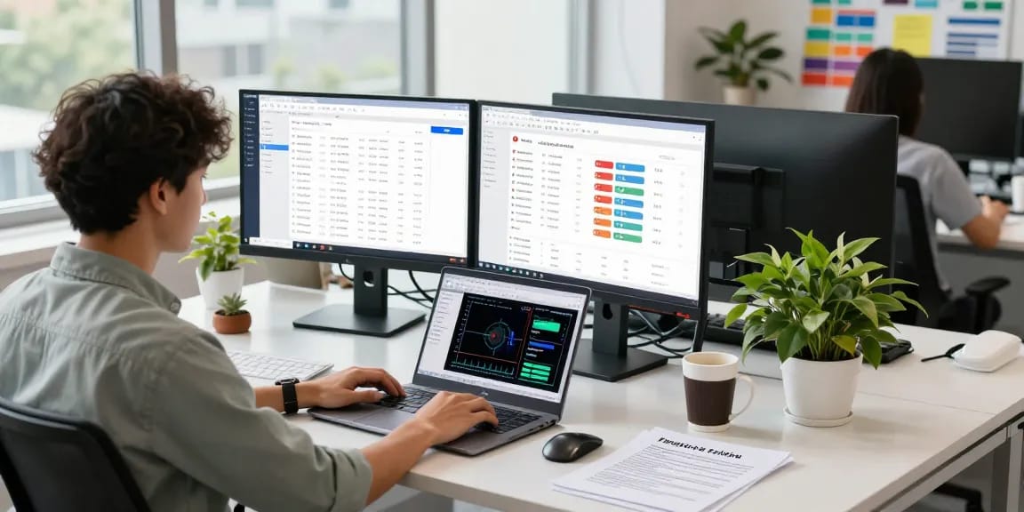 Dynamic office scene showcasing an ai image detector dashboard for content moderation