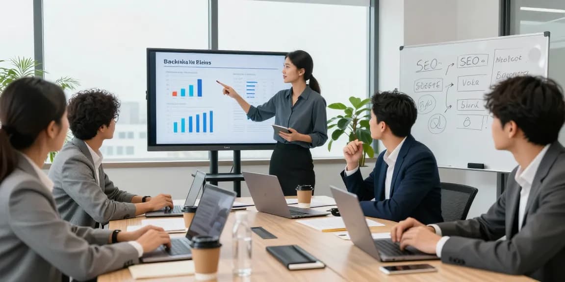 How Backlinks & Guest Posting Improve Your SEO in a professional digital marketing team meeting.