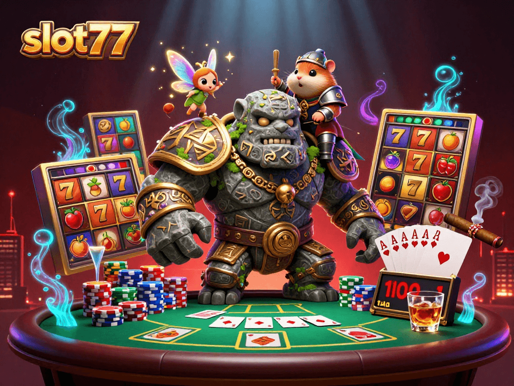 Experience immersive gaming excitement at slot77 with a vibrant 3D scene filled with thrilling slot elements.