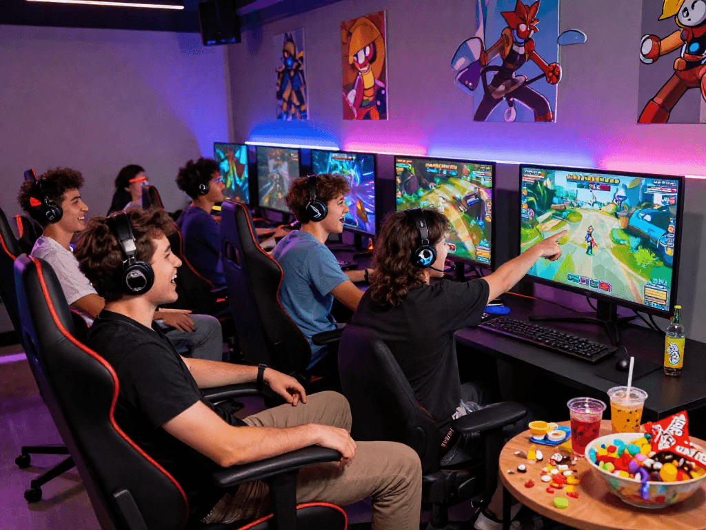 Gamers enjoying a lively adult party sex game in a vibrant lounge setting.