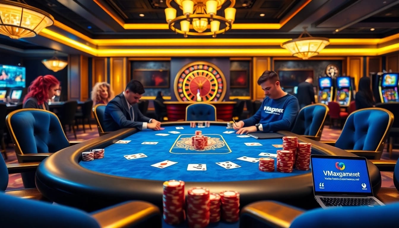 Engage in thrilling poker gameplay at vmaxgame.net, featuring a vibrant casino atmosphere and high-stakes action.