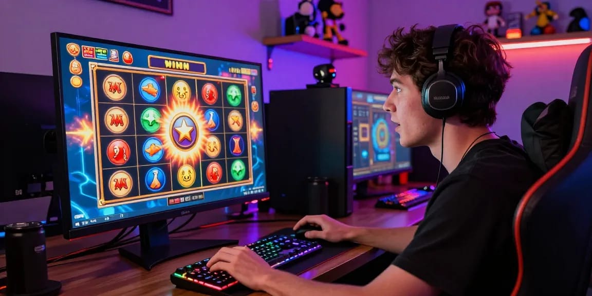 Exciting gaming scene showcasing a player engaged with digital slot games, illustrating vibrant slot graphics.
