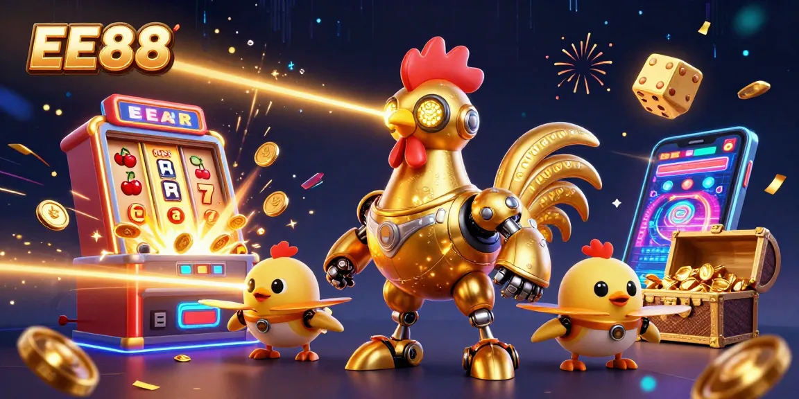 EE88 showcases a vibrant casino scene with a golden rooster robot and animated game elements, attracting players.