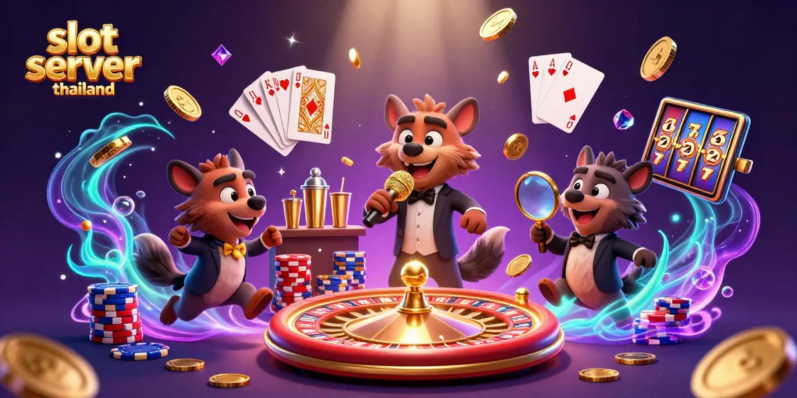 Engage with slot server thailand through vibrant casino-themed illustration featuring hyenas.