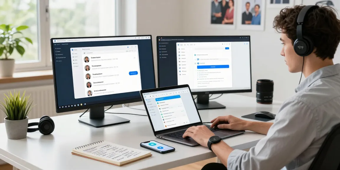 Professional using Telegram Web Version on laptop in a modern workspace, showcasing collaborative digital communication.