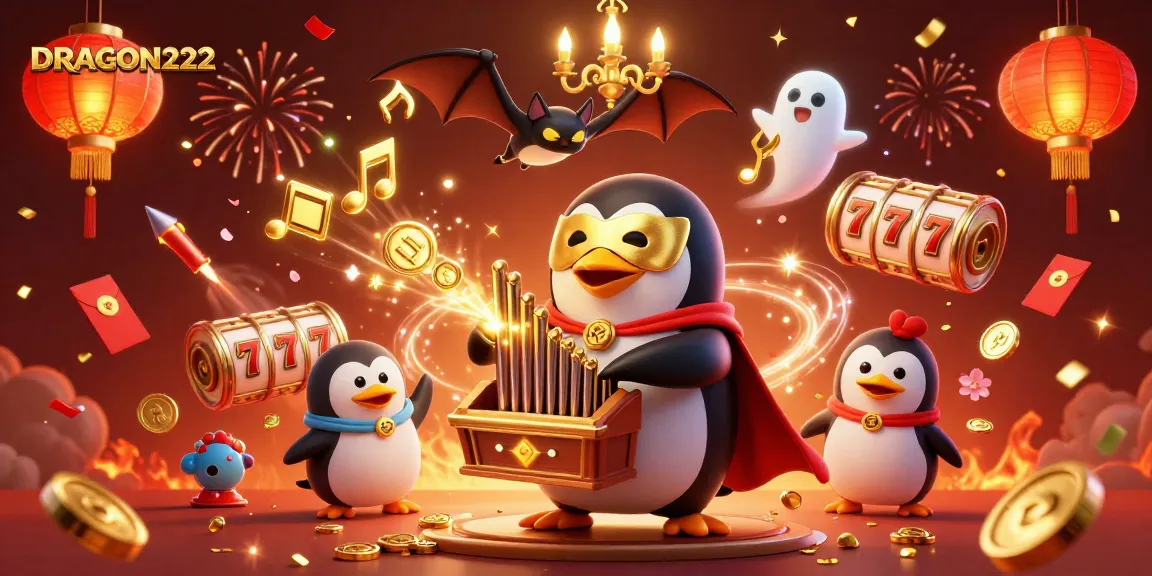 Experience the thrill of DRAGON222 with a cartoon-style penguin playing slots amidst a festive casino atmosphere.
